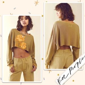 Free People x Vintage Souls Rose Thermal Long Sleeve in Army (Olive Green, Gold)